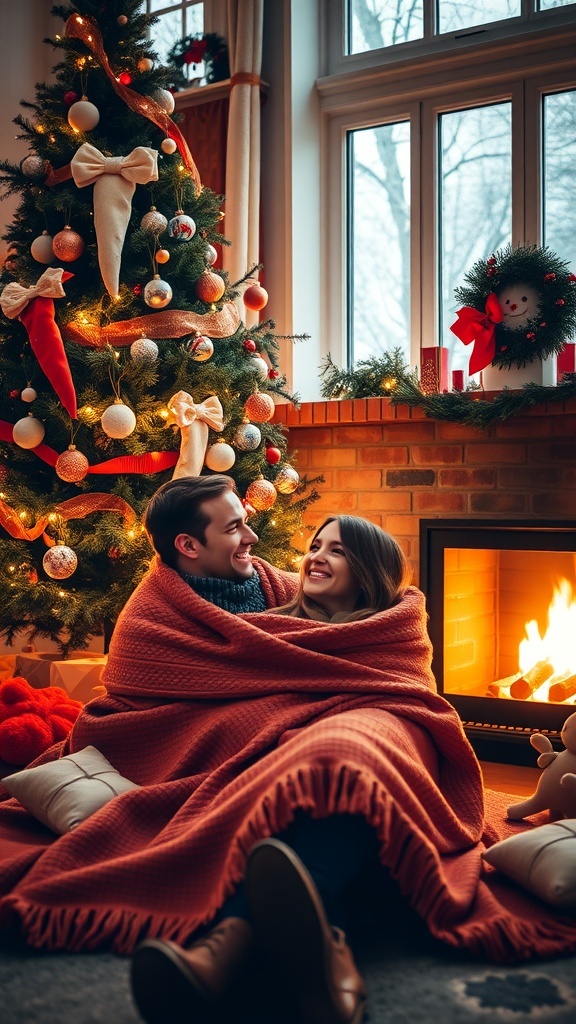 A couple enjoying a romantic moment by a Christmas tree with lights and ornaments, wrapped in a blanket.